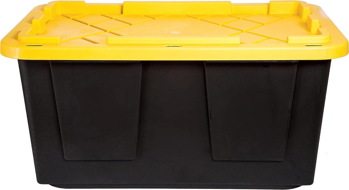 27 Gallon Storage Bins Stackable, Lockable, Yellow Lids, Black Bin (1)
