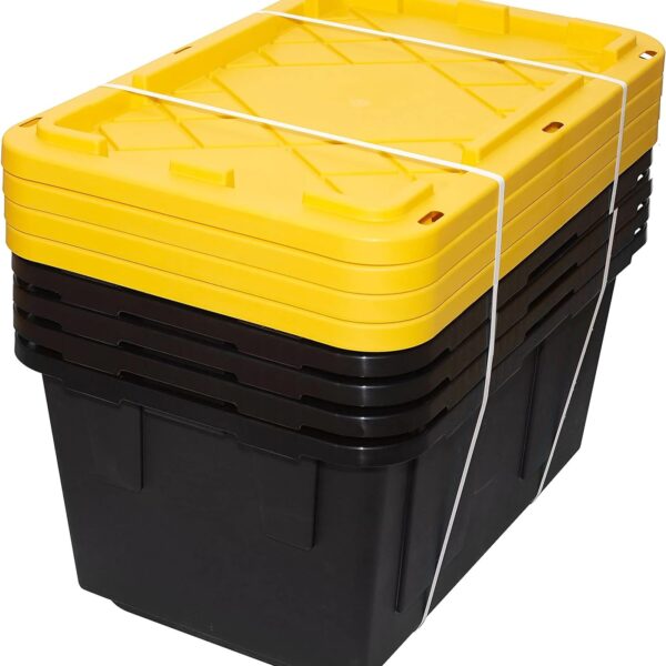 27 Gallon Storage Bins Stackable, Lockable, Yellow Lids, Black Bin (2)