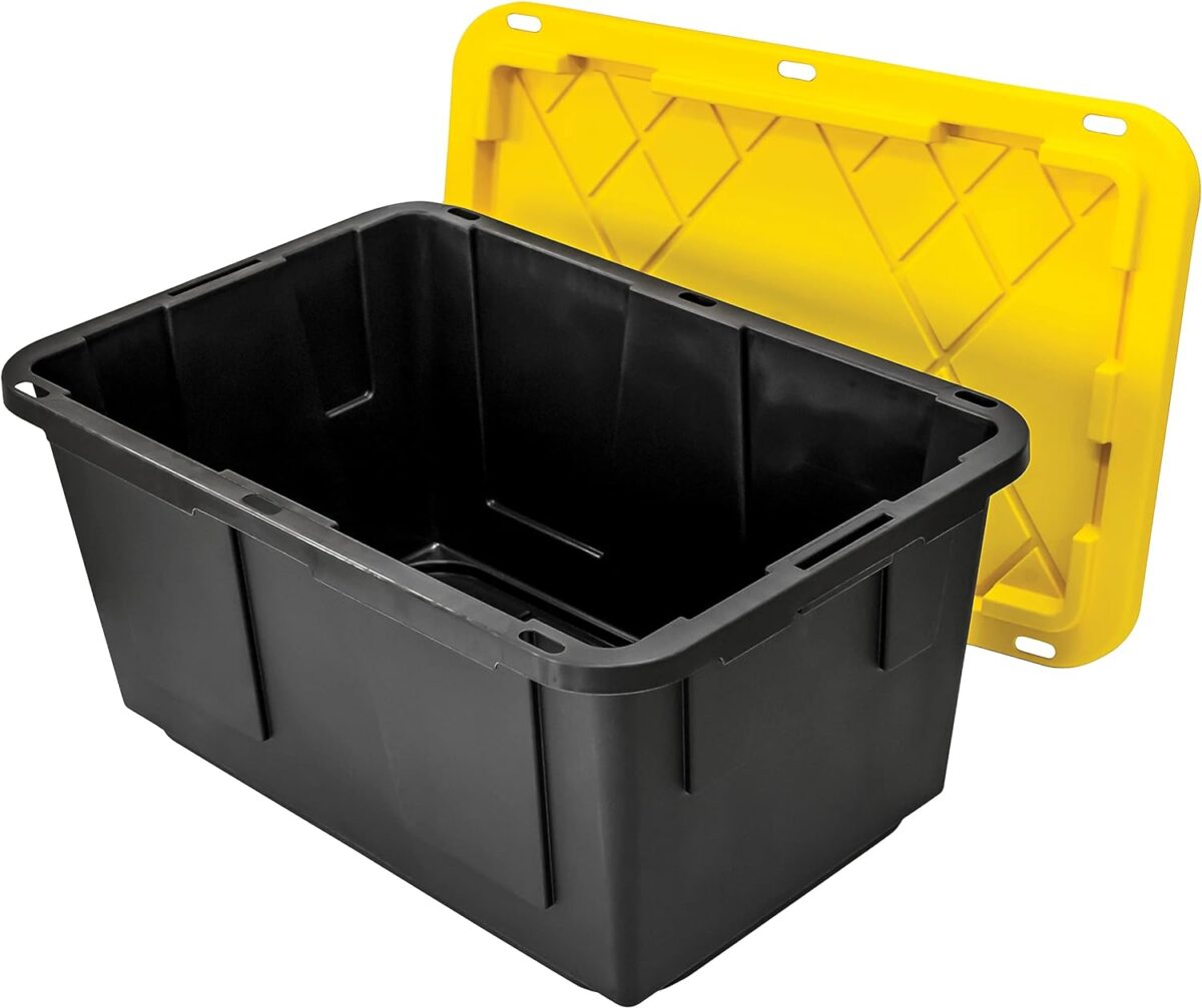 27 Gallon Storage Bins Stackable, Lockable, Yellow Lids, Black Bin (4)