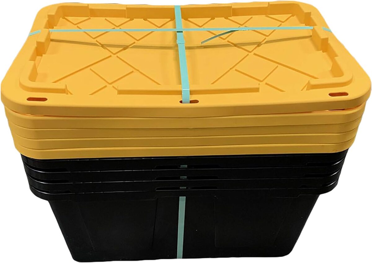 Gallon Storage Bins Stackable, Lockable, Yellow Lids, Black Bin (1)